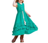 GRACE KARIN Girls Summer Sleeveless High Waist A-Line Dresses with Drawstring Crew Neck Party Wedding Dress Blue Green 12 Years