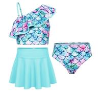 GRACE KARIN Girls Summer Spaghetti Strap Beach Bathing Suit Ruffle Bikini Set with Skirt Blue Mermaid 8 Years