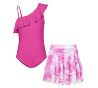 GRACE KARIN Girls' Swimming Costume Set One-Shoulder Swimsuit with Elastic Waist Skirt Hot Pink Coconut Tree 10-12 Years