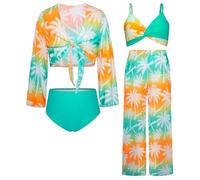 GRACE KARIN Girls Swimming Costume Swimsuits Set 4 Piece with Pants Lotus Leaf Swimsuit Surfing Beach Swimming Suit Rose Red Coconut Tree 10 Years