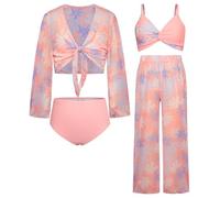 GRACE KARIN Girls Swimming Costume Swimsuits Set 4 Piece with Pants Lotus Leaf Swimsuit Surfing Beach Swimming Suit Blue-Green Gradient Background Coconut Trees 10 Years