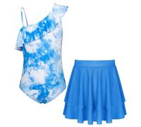 GRACE KARIN Girls Swimming Costume with Cover-up Skirt One Piece Swimwear for Vacation Pool Parties Blue White 7-8 Years