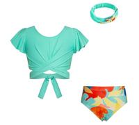 GRACE KARIN Girls Swimsuit Sets Tankini Swimsuit Short Sleeve Top Swim Shorts with Hairband 3PCS Split Swimwear Colorful Flowers 8 Years