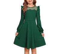 GRACE KARIN Girls Victorian Style Long Sleeve Dress Round Neck Mesh Insert A-Line Dress Dark Green 8 Years