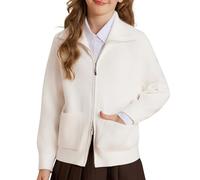 GRACE KARIN Girls' Winter Long-Sleeved Lapel Collar Cardigan Casual Sweatshirt with Pockets White 12 Years