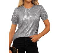 GRACE KARIN Glitter Sequin Tops for Women Puff Sleeves Elegant Top Blouse Party Dance Disco Silver Gray L