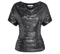 GRACE KARIN Glittering Sequin Party Shirt for Women Short Sleeve Glitter Pleated Tops Plus Size Party Tops Black-Silver XXL