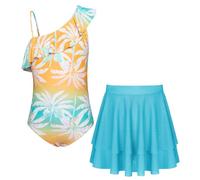 GRACE KARIN Kids Girls' Bathing Suit Set One-Shoulder with Dual-Layer Skirt for Water Sports Blue Coconut Tree 6-7 Years
