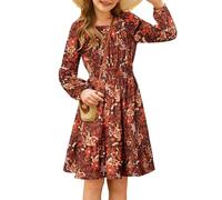 GRACE KARIN Kids Girls Fall Ruffle Dress Lantern Sleeve A Line Flared Swing Dresses Brown 6-7 Years