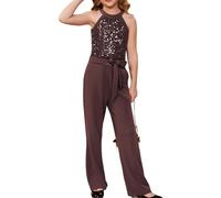 GRACE KARIN Kids Girls Sequin Bodysuit One Piece Jumpsuit Round Neck Sleeveless Suit with Pockets Brown 7-8 Years