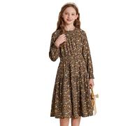 GRACE KARIN Kids Lightweight Chiffon A-Line Floral Dress Lantern Sleeve Ruffle Neckline Long Dress Brown 13-14 Years