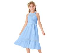 GRACE KARIN Kids Party Dress Flared A-Line Formal Wear Summer Casual Midi Belted Dress Blue 8-10 Years