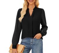 GRACE KARIN Ladies 2025 Fall Blouse Shirts Chiffon Long Sleeve Blouses Classic Henry V Neck Tops Wedding Guest Outwear Black XL