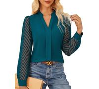 GRACE KARIN Ladies 2025 Fall Blouse Shirts Chiffon Long Sleeve Blouses Classic Henry V Neck Tops Wedding Guest Outwear Blue Green XL
