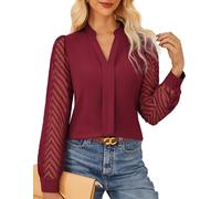 GRACE KARIN Ladies 2025 Fall Blouse Shirts Chiffon Long Sleeve Blouses Classic Henry V Neck Tops Wedding Guest Outwear Dark Red XL