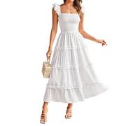 GRACE KARIN Ladies A-Line Straps Summer Wedding Guest Dresses Casual Ruffle Sleeveless Maxi Smocked Boho Dresses CLK028-2/White L