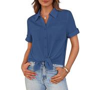 GRACE KARIN Ladies Blue Shirt Collar Edge Turned Sleeves Sweet Tie-Down Hem Shirt CL365-03/Blue S