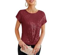 GRACE KARIN Ladies Cap Sleeves Sequins Party Shirt Twist Front Crew Neck Blouses Solid Color Sparkly Coktail Club Top Wine Red L
