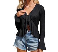 GRACE KARIN Ladies Cardigan Summer Cropped Long Sleeve Sweater Hollowed Out Tie Front Cardigans Lightweight Knitwear Black S