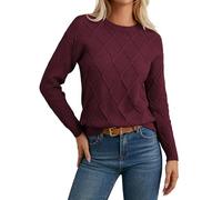 GRACE KARIN Ladies Crew Neck Jumpers Long Sleeve Diamond Pattern Casual Pullover Knit Sweater Winter Autumn Dark red XXL