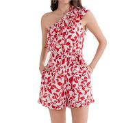 GRACE KARIN Ladies Elastic Waist Asymmetric One-Shoulder Romper Oblique Neck Playsuit Red and White 2XL