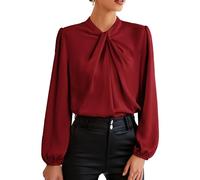GRACE KARIN Ladies Elegant Blouses Knotted Neck Work Office Business Lantern Long Sleeve Shirt Loose Fit Soft Tops Wine Red L