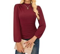 GRACE KARIN Ladies Elegant Crew Neck Slim Fit Ruched Tops Fall Winter Long Sleeve Tunic Tops for Office Wine Red M