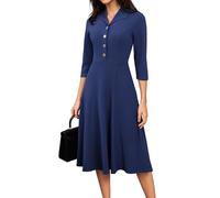 GRACE KARIN Ladies Professional Button Front Dress with Collar 3/4 Length Sleeves A-Line Dark Blue XL