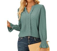 GRACE KARIN Ladies Tops Long Sleeve Shirts Elegant Eyelet V Neck Women Blouse Solid Colour Tunic Gray Green L