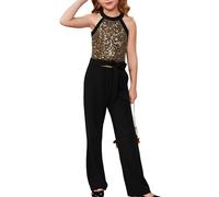 GRACE KARIN Little Girls Jumpsuit Round Neck Sleeveless with Pockets Belted Sequins One Piece Bodysuit Elastic Romper Gold Sequins 12-13 Years