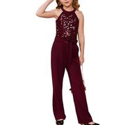 GRACE KARIN Little Girls Sequins Solid Colour Jumpsuit for Special Occasion Shiny Sequins Dance Costume Round Neck for Jazz Latin Performance Wine Red 13-14 Years