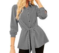 Grace Karin Peplum Tops for Women Tie Front Striped Button Down Shirt Collared Long Sleeve Business Casual Work Office Blouse, Black, XXL