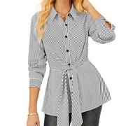 GRACE KARIN Peplum Tops for Women Tie Front Striped Button Down Shirt Collared Long Sleeve Business Casual Work Office Blouse, White, XXL