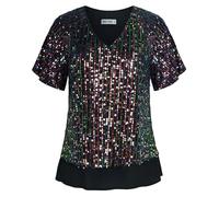 GRACE KARIN Reteo Elegant Glitter Chiffon Lined Tops V Neck Short Sleeve Shirts Solid Loose Blouse Shirt Colorful Black L