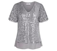 GRACE KARIN Reteo Elegant Glitter Chiffon Lined Tops V Neck Short Sleeve Shirts Solid Plus Size Blouse Shirt Silver Gray XXL