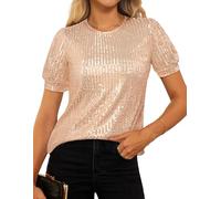 GRACE KARIN Rockabilly Top for Women Glitter Sequin T-Shirt Short Sleeve Round Neck Blouse Champagne XL