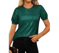 GRACE KARIN Sequin Blouses for Women Elegant Round Neck GlitterTops Dark Green XL