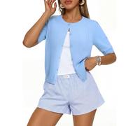 GRACE KARIN Short Sleeves Cardigans for Women UK Summer Button Down Elegant Round Neck Solid Tops Light Blue XL