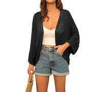 GRACE KARIN Summer Cardigans for Women UK Lightweight, 3/4 Batwing Sleeve Open Front Crochet Cardigan, Casual Loose Drape Waterfall Beach Cover Up Black