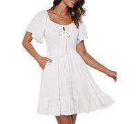 GRACE KARIN Summer Dresses for Women UK Short Sleeves A Line Prom Dress Retro Crew Neck Flowy Dress White M