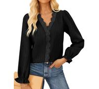 GRACE KARIN Summer Long Sleeve Shirts for Women UK Pleated Lace Summer Tops Autumn Winter Blouses Black M