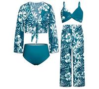 GRACE KARIN Summer Swimming Costume Girls 4 Piece Bathing Suit with Pants Lotus Leaf Swimsuit Holiday Beach Swimsuit Rose Red Coconut Tree 12 Years