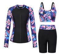 GRACE KARIN Summer Tankini Sets for Women UK Slim Fit Athletic Swimsuit Built-in Bra Sportlich Surfing Rash Guard Pink Flower - Blue S