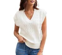 GRACE KARIN V Neck Cap Sleeve Ribbed Knit Shirts Early Autumn Casual Sweater Vest Wrinkle Texture Ivory White XL