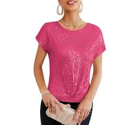 GRACE KARIN Vintage 70er Solid Color Sequin Glitter Top Cap Sleeve Party Shirt Birthday Picnic Loose Fit Shirts Blouse Rose Red XXL