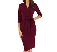 GRACE KARIN Vintage Bodycon Pencil Work Dress for Women 3/4 Sleeve Evening Formal Sheath V-Neck Dress Dark Red S