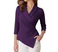 GRACE KARIN Vintage V Neck 3/4 Long Sleeve Ladies Tops Tunic Slim Purple Tops for Women UK Purple S