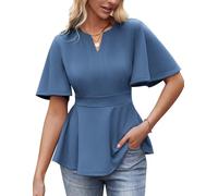 GRACE KARIN White Blouses for Women UK Summer Elegant Short Sleeve Slim Fit Party Cocktail Tops Gray Blue L