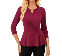 GRACE KARIN Women 3/4 Sleeve Blouse V Neck A-Line Waist Blouse Slim Fit Elegant Ruffle Shirt Business Tops Dark red L