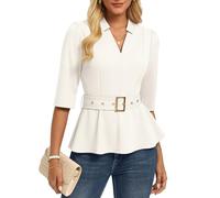 GRACE KARIN Women 3/4 Sleeve Wrap Blouse Casual V Neck Peplum Shirts Elegant Slim Fit Office Work Tops with Belt White M